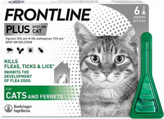 Frontline Plus Spot-On Flea & Tick Treatment for Cats & Ferrets – 6 Pipettes | Vet-Recommended Parasite Protection